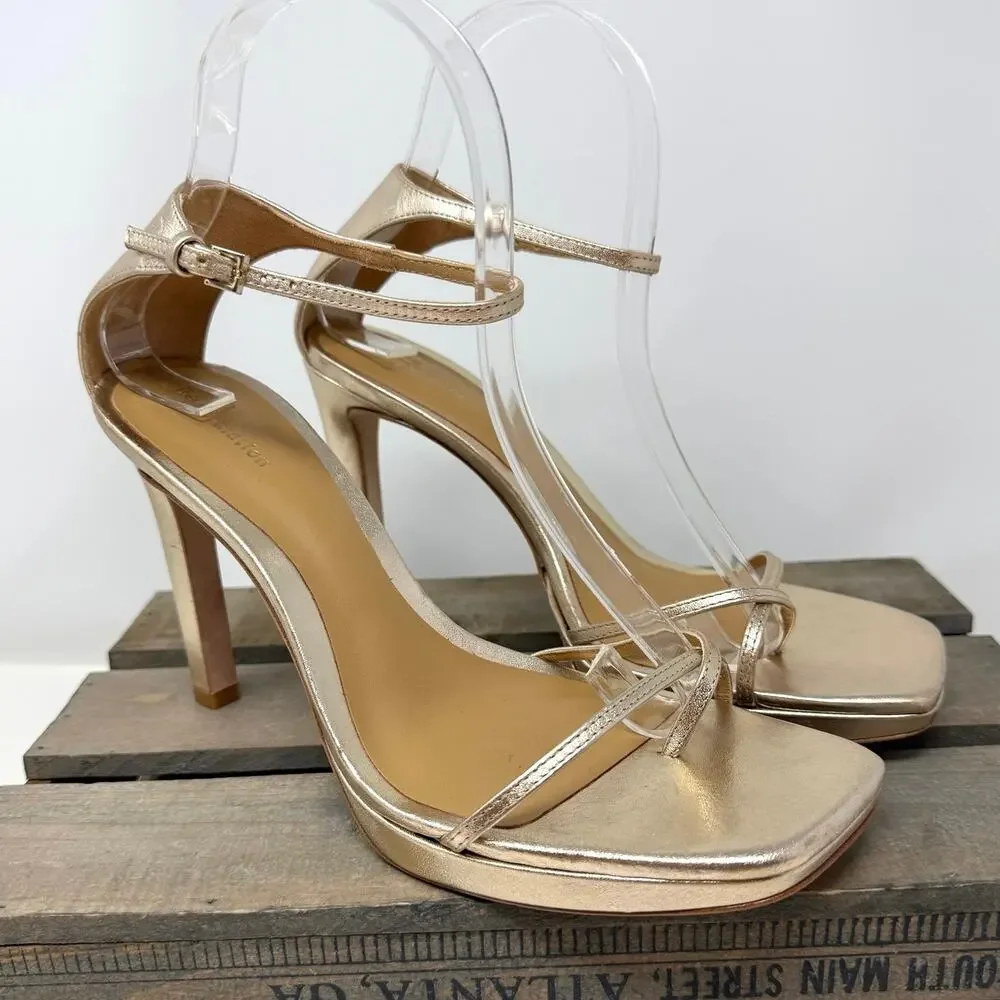 Reformation Gilda Platform Square Toe Heeled Sandal In Metallic Gold Size 8